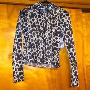 Originality Sheer Black and White cow print mesh top mock neck
